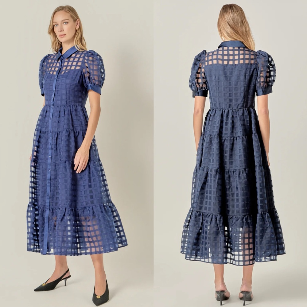 English factory Organza short sleeve button front midi dress - Picture 4 of 11